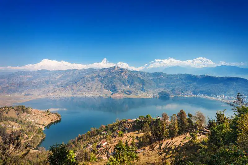 Aerial view to Phewa lake and Annapurna range