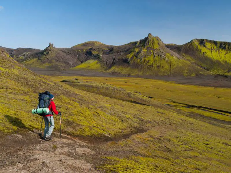 Hiker with Trekking Poles on Laugavegur Trek Iceland
