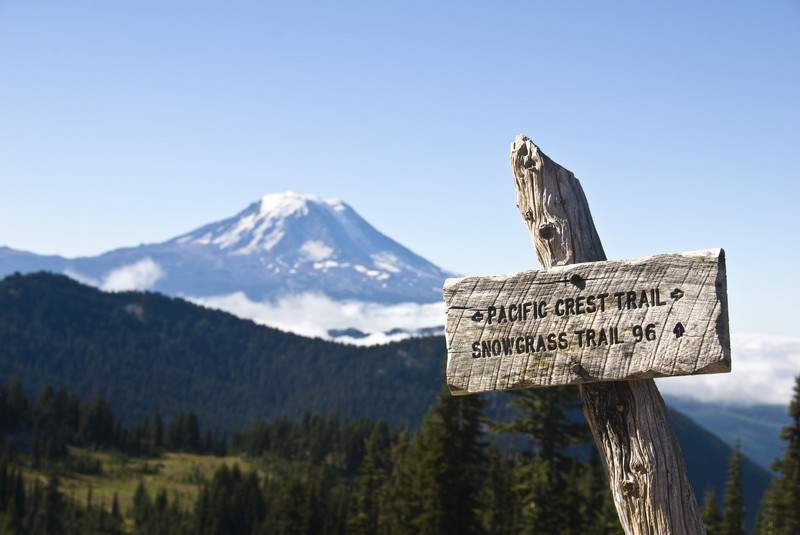 Pacific Crest Trail Sign With Mount Adams In the Background